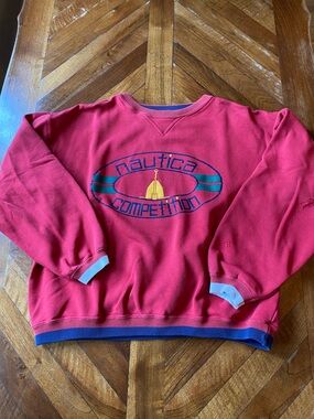 Vintage Nautica Competition Red Crewneck Navy Trim Logo Patch Distressed Size M